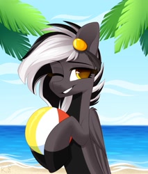 Size: 1700x2000 | Tagged: safe, artist:rinteen, oc, oc only, oc:zephyr corax, oc:zephyrai, pegasus, pony, accessory, beach, beach ball, black and white, black and white mane, blue sky, cloud, colored belly, commission, dark belly, day, folded wings, gray coat, grayscale, grin, mane, monochrome, ocean, on head, one eye closed, palm tree, pin, reverse countershading, sand, simple background, sky, smiling, solo, standing, teeth, tree, vacation, water, wings, wink, ych result, yellow eyes