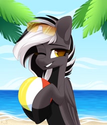 Size: 1700x2000 | Tagged: safe, alternate version, artist:rinteen, oc, oc only, oc:zephyr corax, oc:zephyrai, pegasus, pony, accessory, beach, beach ball, black and white, black and white mane, blue sky, cloud, colored belly, commission, dark belly, day, folded wings, glasses, gray coat, grayscale, grin, mane, monochrome, ocean, on head, one eye closed, palm tree, reverse countershading, sand, simple background, sky, smiling, solo, standing, sunglasses, sunglasses on head, teeth, tree, vacation, water, wings, wink, ych result, yellow eyes