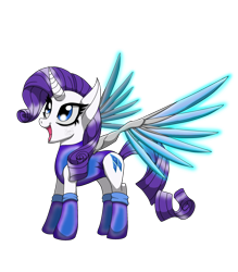 Size: 2682x3057 | Tagged: safe, artist:crystalfire562, rarity, cyborg, pony, unicorn, g4, artificial wings, augmented, clothes, happy, high res, implants, leotard, mechanical wing, simple background, solo, transparent background, wings