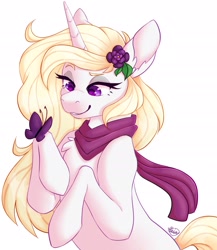 Size: 2000x2300 | Tagged: safe, artist:mxiiisy, oc, oc only, oc:winter, oc:winthria siriusa, butterfly, pony, unicorn, accessory, blonde, blonde hair, blonde mane, blonde tail, clothes, eyelashes, eyeshadow, flower, flower in hair, halfbody, high res, hooves, horn, long hair, long mane, makeup, purple eyes, scarf, smiling, smirk, solo, tail, white coat, wintherai