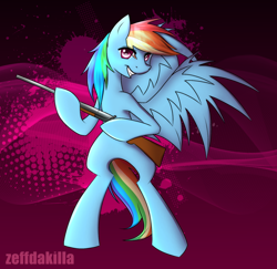Size: 1800x1749 | Tagged: safe, artist:zeffdakilla, rainbow dash, pegasus, pony, g4, abstract background, bipedal, gun, looking at you, smiling, solo, spread wings, standing, weapon, wings