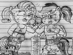 Size: 1280x959 | Tagged: safe, artist:ct1443ae, rainbow dash, rarity, pegasus, unicorn, semi-anthro, g4, boxing, boxing gloves, boxing ring, lined paper, mouth guard, open mouth, pencil drawing, sports, traditional art, uppercut