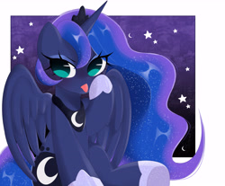 Size: 7868x6500 | Tagged: safe, artist:arwencuack, princess luna, alicorn, pony, g4, absurd resolution, commission, crown, ethereal mane, female, jewelry, looking at you, mare, moon, no pupils, passepartout, raised hoof, regalia, sitting, solo, starry mane, stars, tongue out