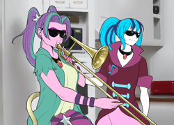 Size: 1400x1000 | Tagged: safe, artist:m@k, aria blaze, sonata dusk, equestria girls, g4, duo, musical instrument, sunglasses, trombone, vine video, when mama isn't home