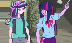 Size: 2000x1200 | Tagged: safe, artist:m@k, starlight glimmer, twilight sparkle, equestria girls, g4, beanie, duo, female, hanging out, hat