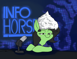 Size: 1300x1000 | Tagged: safe, artist:rocket-lawnchair, oc, oc only, oc:filly anon, earth pony, pony, alex jones, female, filly, hat, horrible pun, implied anonfilly, infowars, microphone, schizoposting, shitposting, smiling, smirk, solo, this will end in a lawsuit, tinfoil hat