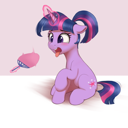 Size: 2048x2048 | Tagged: safe, artist:fgcfghv, derpibooru exclusive, twilight sparkle, pony, unicorn, g4, alternate hairstyle, blushing, floppy ears, glowing, glowing horn, hand fan, high res, horn, hot, magic, open mouth, ponytail, sitting, solo, sweat, telekinesis, tongue out, unicorn twilight