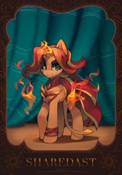 Size: 1431x2048 | Tagged: safe, artist:share dast, sunset shimmer, pony, unicorn, g4, collaboration, female, fiery shimmer, fire, horn, looking at you, mare, solo, sunset cosplay flashmob