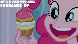 Size: 1280x720 | Tagged: safe, edit, edited screencap, editor:quoterific, screencap, pinkie pie, human, equestria girls, g4, my little pony equestria girls: better together, super squad goals, cupcake, cute, diapinkes, female, food, open mouth, open smile, smiling, solo, text