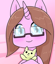 Size: 640x740 | Tagged: safe, artist:batipin, oc, oc only, pony, unicorn, bust, doll, female, glasses, horn, looking at you, mare, pink background, portrait, simple background, smiling, smiling at you, solo, toy