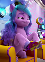 Size: 780x1080 | Tagged: safe, screencap, izzy moonbow, pony, unicorn, g5, my little pony: make your mark, my little pony: make your mark chapter 1, spoiler:my little pony: make your mark, cropped, dexterous hooves, female, mare, sitting, solo