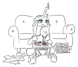 Size: 557x478 | Tagged: safe, artist:jargon scott, queen chrysalis, changeling, changeling queen, g4, black and white, eating, female, food, fork, grayscale, lineart, monochrome, partial color, simple background, sitting, solo, tv dinner, white background
