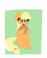Size: 1882x2352 | Tagged: safe, artist:cinematic-fawn, applejack, earth pony, pony, g4, cute, donut, food, hatless, jackabetes, missing accessory, open mouth, open smile, smiling, solo, starry eyes, wingding eyes