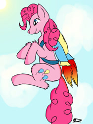 Size: 1200x1600 | Tagged: safe, artist:roomble, pinkie pie, earth pony, pony, g4, flying, happy, jetpack, sky, sky background