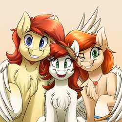 Size: 3100x3100 | Tagged: safe, artist:kaylerustone, oc, oc only, oc:amity starfall, oc:crimson starfall, oc:render point, pegasus, pony, brother and sister, chest fluff, family, family photo, female, high res, looking at you, male, mare, mother and child, mother and daughter, mother and son, open mouth, raised hoof, siblings, simple background, smiling, spread wings, stallion, wings