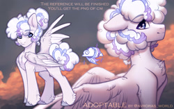 Size: 3500x2200 | Tagged: safe, artist:avroras_world, oc, oc only, pegasus, pony, adoptable, auction, chest fluff, cloud, fluffy, high res, looking at you, male, reference sheet, short hair, smiling, solo, stallion, wings