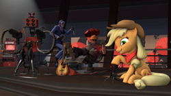 Size: 3840x2160 | Tagged: safe, artist:botxs, applejack, earth pony, human, pony, g4, 2fort, 3d, engineer, engineer (tf2), grin, high res, sentry, smiling, source filmmaker, spy, spy (tf2), team fortress 2, thumbs up