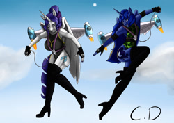 Size: 1280x905 | Tagged: safe, artist:baliniosnow, princess luna, rarity, alicorn, anthro, g4, alicornified, boots, clothes, duo, duo female, female, flying, jetpack, leotard, race swap, raricorn, shoes, sky, sky background, thigh boots