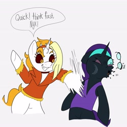 Size: 4096x4096 | Tagged: safe, artist:sprinkle-tits, oc, oc only, oc:dyx, oc:nyx, alicorn, pony, abuse, bipedal, broken teeth, dialogue, duo, female, filly, foal, gray background, grin, nyxabuse, punch, siblings, simple background, sisters, smiling, speech bubble, think fast