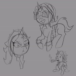 Size: 4096x4096 | Tagged: safe, artist:sprinkle-tits, oc, oc only, oc:dyx, alicorn, pony, alicorn oc, cigar, female, filly, foal, frown, grayscale, grin, horn, monochrome, sketch, smiling, smoking, solo, sunglasses, wings
