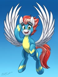 Size: 1542x2048 | Tagged: safe, artist:kaylerustone, oc, oc only, oc:swift apex, pegasus, pony, clothes, commission, flying, looking at you, male, smiling, spread wings, stallion, uniform, wings, wonderbolts uniform