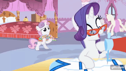 Size: 640x360 | Tagged: safe, screencap, rarity, sweetie belle, pony, unicorn, for whom the sweetie belle toils, g4, season 4, ^^, animated, bipedal, carousel boutique, cute, diasweetes, duo, duo female, eyes closed, female, filly, foal, gif, gifs.com, glasses, mannequin, mare, open mouth, open smile, rarity's glasses, smiling