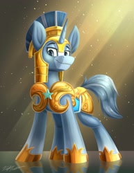 Size: 2700x3500 | Tagged: safe, artist:kaylerustone, oc, oc only, pony, unicorn, armor, commission, high res, looking at you, male, royal guard, simple background, stallion