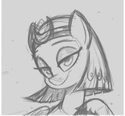 Size: 372x345 | Tagged: safe, artist:fanzeem, somnambula, pegasus, pony, g4, female, gray background, grayscale, lidded eyes, looking at you, mare, monochrome, simple background, sketch, solo, wip