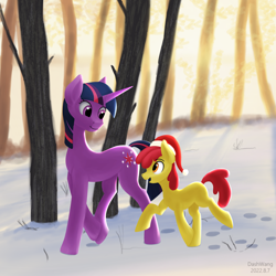 Size: 2600x2600 | Tagged: safe, artist:dash wang, apple bloom, twilight sparkle, earth pony, pony, unicorn, g4, blank flank, clothes, duo, duo female, female, forest, hat, high res, santa hat, snow, unicorn twilight, walking