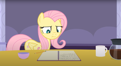 Size: 1677x929 | Tagged: safe, artist:agrol, fluttershy, pegasus, pony, tales of adventurers, g4, :t, coffee, coffee mug, female, fluttershy is not amused, mare, mug, solo, unamused, youtube link