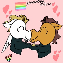 Size: 2000x1995 | Tagged: safe, artist:enperry88, brickhouse, bulk biceps, earth pony, pegasus, pony, g4, black shirt, boop, bulkton, clothes, duo, duo male, ear piercing, earring, facial markings, floppy ears, gay, gay marriage, gay pride, gay pride flag, happy, heart, holding each other, holding hooves, jewelry, long sleeved shirt, long sleeves, looking at each other, looking at someone, love, male, muscle pony, noseboop, nuzzling, piercing, pink background, pride, pride flag, shipping, shirt, simple background, smiling, smiling at each other, stallion, stallion on stallion