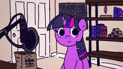 Size: 1280x720 | Tagged: safe, artist:thefloatingtree, twilight sparkle, pony, unicorn, animated, burger, dialogue, food, hamburger, hay burger, jerma985, looking at you, microphone, solo, sound, that pony sure does love burgers, twilight burgkle, webm