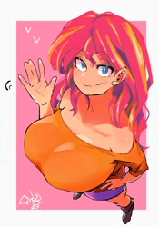 Size: 1400x2000 | Tagged: safe, artist:sozglitch, sunset shimmer, human, big breasts, blushing, boots, breasts, busty sunset shimmer, clothes, female, huge breasts, humanized, looking at you, looking up, shoes, skirt, smiling, solo, waving