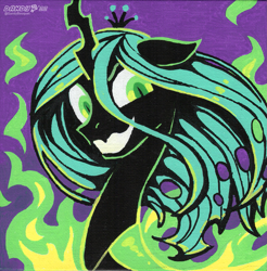Size: 1759x1788 | Tagged: safe, artist:dandy, queen chrysalis, changeling, changeling queen, g4, acrylic painting, crown, evil grin, eyebrows, fangs, female, fire, green fire, grin, horn, jewelry, looking at you, regalia, signature, smiling, smiling at you, solo, traditional art