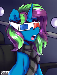 Size: 1200x1575 | Tagged: safe, artist:shadowreindeer, oc, oc only, oc:shimo, pony, unicorn, 3d glasses, clothes, commission, horn, scarf, solo, striped scarf, unicorn oc