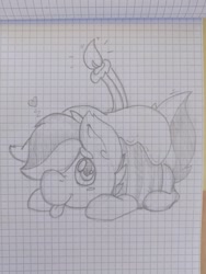 Size: 1536x2048 | Tagged: safe, artist:splitterpic, oc, oc only, oc:moonlight thunder, bat pony, pony, :p, bat pony oc, birthday cake, cake, candle, fire, food, graph paper, looking at you, lying down, pencil drawing, sketch, solo, tongue out, traditional art