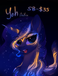 Size: 2600x3400 | Tagged: safe, artist:anku, princess luna, pony, g4, auction open, commission, female, fluorescent, glowing, glowing horn, high res, horn, open mouth, simple background, solo, ych example, ych sketch, your character here