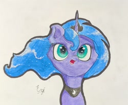 Size: 1553x1273 | Tagged: safe, artist:engi, princess luna, alicorn, pony, g4, crown, ethereal mane, female, flowing mane, jewelry, open mouth, regalia, simple background, solo, starry mane, traditional art, watercolor painting