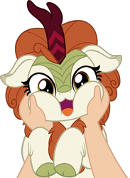 Size: 3668x5000 | Tagged: safe, artist:jhayarr23, autumn blaze, human, kirin, g4, :3, absurd resolution, arms, awwtumn blaze, cheek squish, commission, commissioner:raritybro, cute, disembodied arm, disembodied hand, female, floppy ears, hand, looking at you, offscreen character, open mouth, pov, simple background, smiling, squishy cheeks, transparent background, weapons-grade cute, ych result