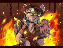 Size: 2600x2000 | Tagged: safe, artist:freak-side, oc, oc only, oc:siriusnavigator, pegasus, semi-anthro, arm hooves, eye clipping through hair, eyebrows, eyebrows visible through hair, fire, grin, gun, high res, lidded eyes, looking at you, shotgun, smiling, solo, spread wings, weapon, wings