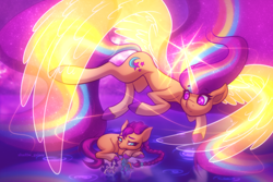 Size: 6000x4000 | Tagged: safe, artist:shad0w-galaxy, rainbow dash, rarity, sunny starscout, alicorn, earth pony, pegasus, pony, unicorn, g5, my little pony: a new generation, absurd resolution, concave belly, ethereal mane, ethereal wings, female, flying, horn, large wings, magic, mare, pink eyes, race swap, signature, slender, starry eyes, starry mane, sunnycorn, thin, transparent horn, transparent wings, wingding eyes, wings