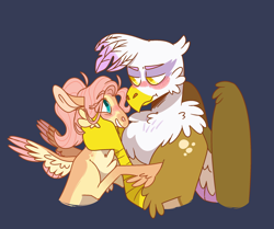 Size: 2048x1710 | Tagged: safe, artist:doodlebetch, fluttershy, gilda, griffon, pegasus, pony, g4, beak, blushing, chest fluff, claws, cute, duo, duo female, eye clipping through hair, eyebrows, eyebrows visible through hair, eyelashes, female, gildadorable, gildashy, grin, lesbian, looking at each other, looking at someone, mare, purple background, shipping, shyabetes, simple background, smiling, spread wings, wings