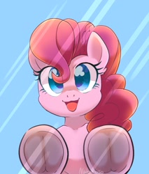 Size: 1024x1200 | Tagged: safe, artist:yukkuri_yu_yu, pinkie pie, earth pony, pony, g4, breaking the fourth wall, eye clipping through hair, female, fourth wall, frog (hoof), glass, hoofbutt, looking at you, mare, open mouth, open smile, smiling, smiling at you, solo, underhoof