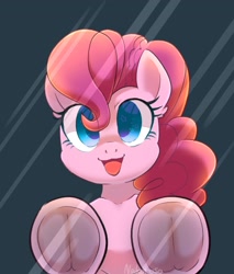 Size: 1763x2066 | Tagged: safe, alternate version, artist:yukkuri_yu_yu, pinkie pie, earth pony, pony, g4, breaking the fourth wall, eye clipping through hair, female, fourth wall, frog (hoof), glass, hoofbutt, looking at you, mare, open mouth, open smile, smiling, smiling at you, solo, underhoof