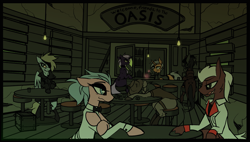 Size: 3245x1849 | Tagged: safe, artist:fenixdust, oc, oc only, oc:lucky stars, earth pony, pony, unicorn, fallout equestria, alcohol, clothes, saloon