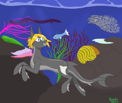 Size: 3100x2600 | Tagged: safe, artist:nyada, oc, oc only, earth pony, fish, original species, pony, shark, shark pony, high res, innocent, ocean, simple background, solo, underwater, water