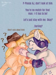 Size: 715x953 | Tagged: safe, artist:reyam, applejack, rarity, earth pony, pony, unicorn, g4, simple ways, applejack's hat, blue background, blushing, clothes, cowboy hat, dialogue, ear fluff, eye clipping through hair, female, floppy ears, hat, implied trenderhoof, lesbian, looking at each other, looking at someone, mare, question mark, rhinestone rarihick, ship:rarijack, shipping, simple background, sweat