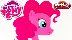 Size: 686x386 | Tagged: safe, artist:play-doh world, pinkie pie, earth pony, pony, g4, art, bust, cute, diapinkes, female, head, logo, mare, my little pony logo, play-doh, portrait, simple background, smiling, white background, youtube link, youtube thumbnail