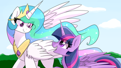 Size: 6324x3584 | Tagged: safe, artist:enviaart, princess celestia, twilight sparkle, alicorn, pony, g4, absurd resolution, chest fluff, duo, eye clipping through hair, eye contact, female, folded wings, looking at each other, looking at someone, mare, open mouth, smiling, twilight sparkle (alicorn), wings