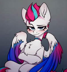Size: 3690x3945 | Tagged: safe, artist:kutoshi, zipp storm, pegasus, pony, g5, belly, chest fluff, choker, concave belly, female, high res, hoof on belly, looking at you, mare, partially open wings, sitting, slender, solo, thin, wings
